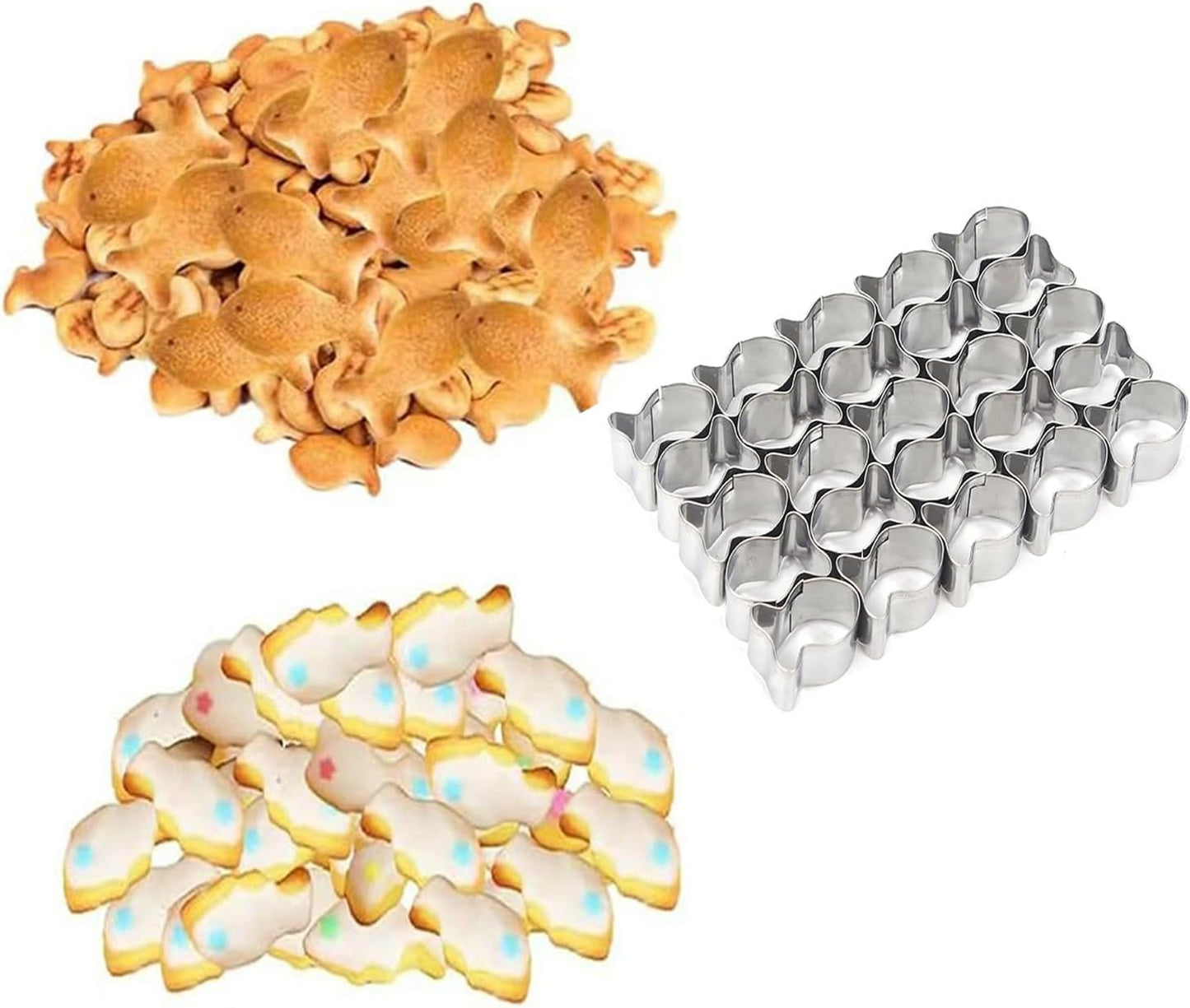 Gold Fish Cracker Cutter, 25 Cavity Mini Fish Cookie Cutter with Cleaning Brush Stainless Steel Fish Shaped Cutter Molds for Kids DIY and Baking.