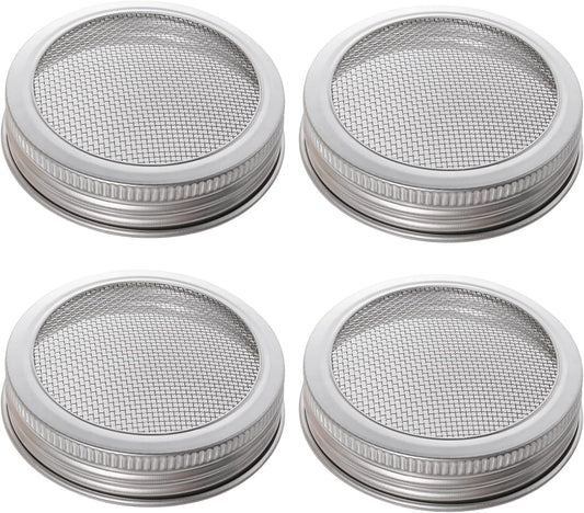 4 Pack Mesh Strainer Jar Stainless Steel Sprouting Jars Mason Wide Mouth Canning Lids for Growing Bean, Seeds and Salad(70MM)