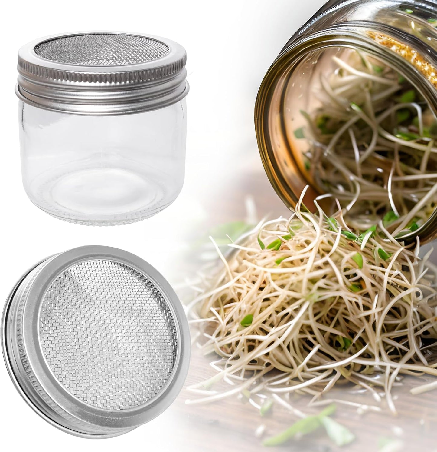 4 Pack Mesh Strainer Jar Stainless Steel Sprouting Jars Mason Wide Mouth Canning Lids for Growing Bean, Seeds and Salad(70MM)