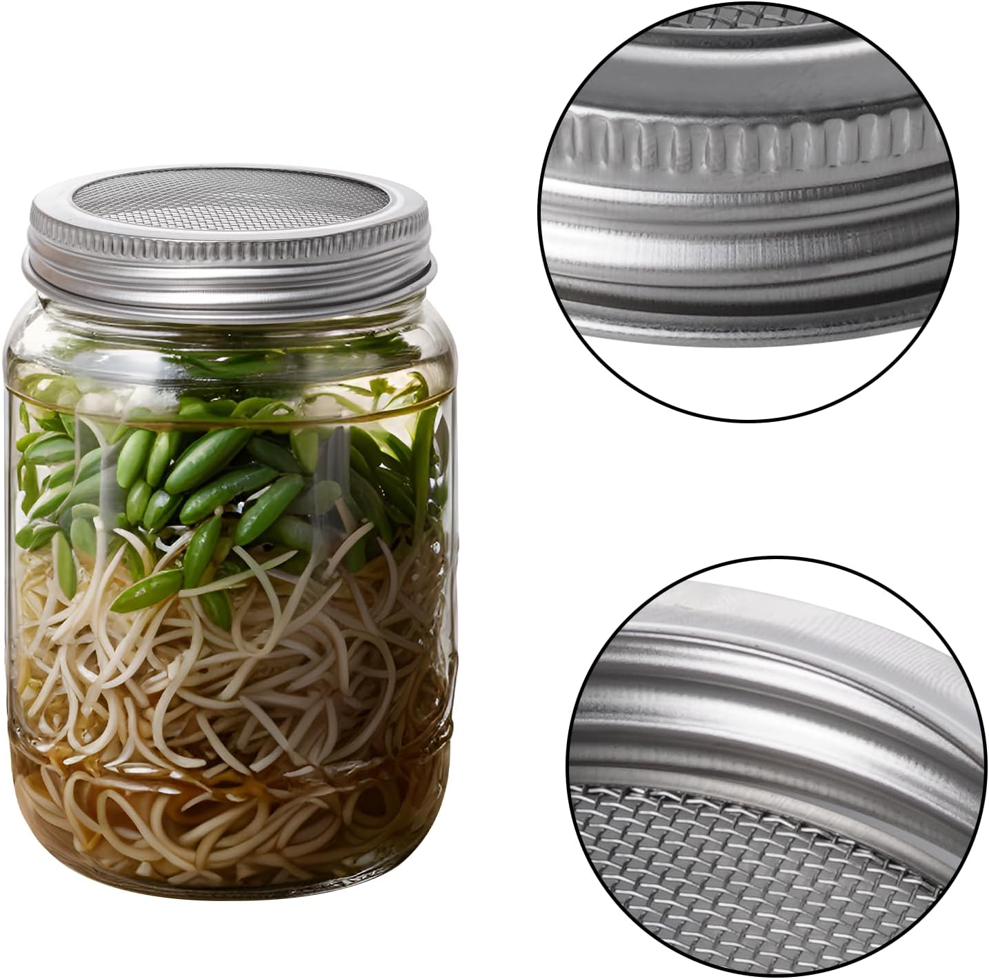 4 Pack Mesh Strainer Jar Stainless Steel Sprouting Jars Mason Wide Mouth Canning Lids for Growing Bean, Seeds and Salad(70MM)