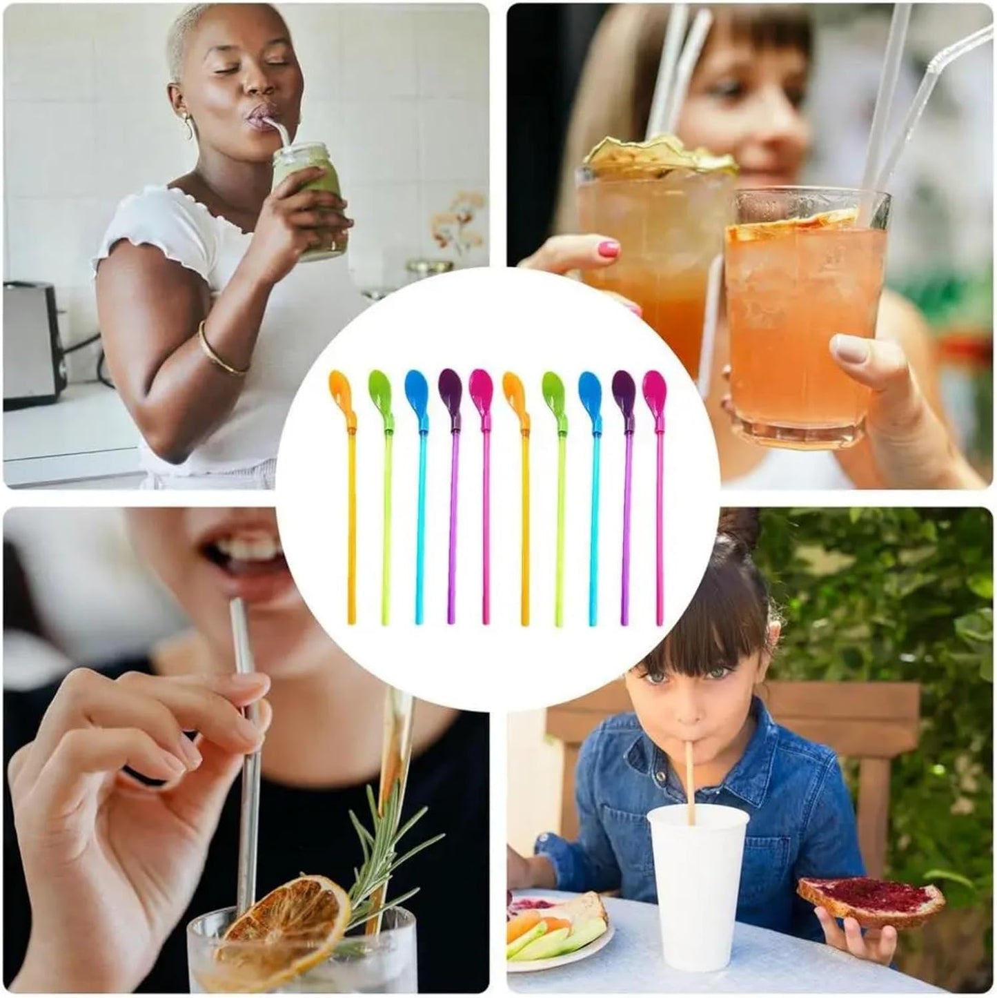 30PCS Plastic Straw with Spoon, 9.3-inch Reusable Hard Straw, Mixing Spoon for Coffee Smoothies, Milkshakes, ice Cream, Frozen Drinks, Cocktails