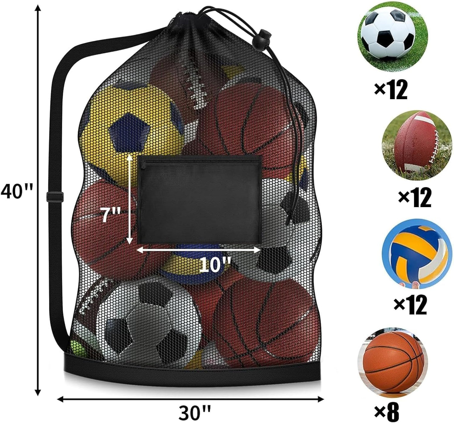 40 * 28 in Extra Large Sports Ball Bag Mesh, Heavy Duty Soccer Ball Net Bag, Con Adjustable Shoulder Strap, for Swimming, Diving, Travel, Gym, Camping, Training, Sports