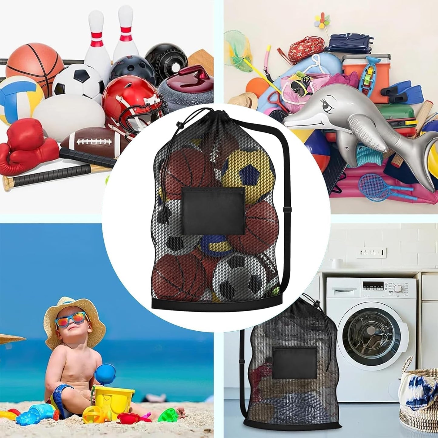 40 * 28 in Extra Large Sports Ball Bag Mesh, Heavy Duty Soccer Ball Net Bag, Con Adjustable Shoulder Strap, for Swimming, Diving, Travel, Gym, Camping, Training, Sports