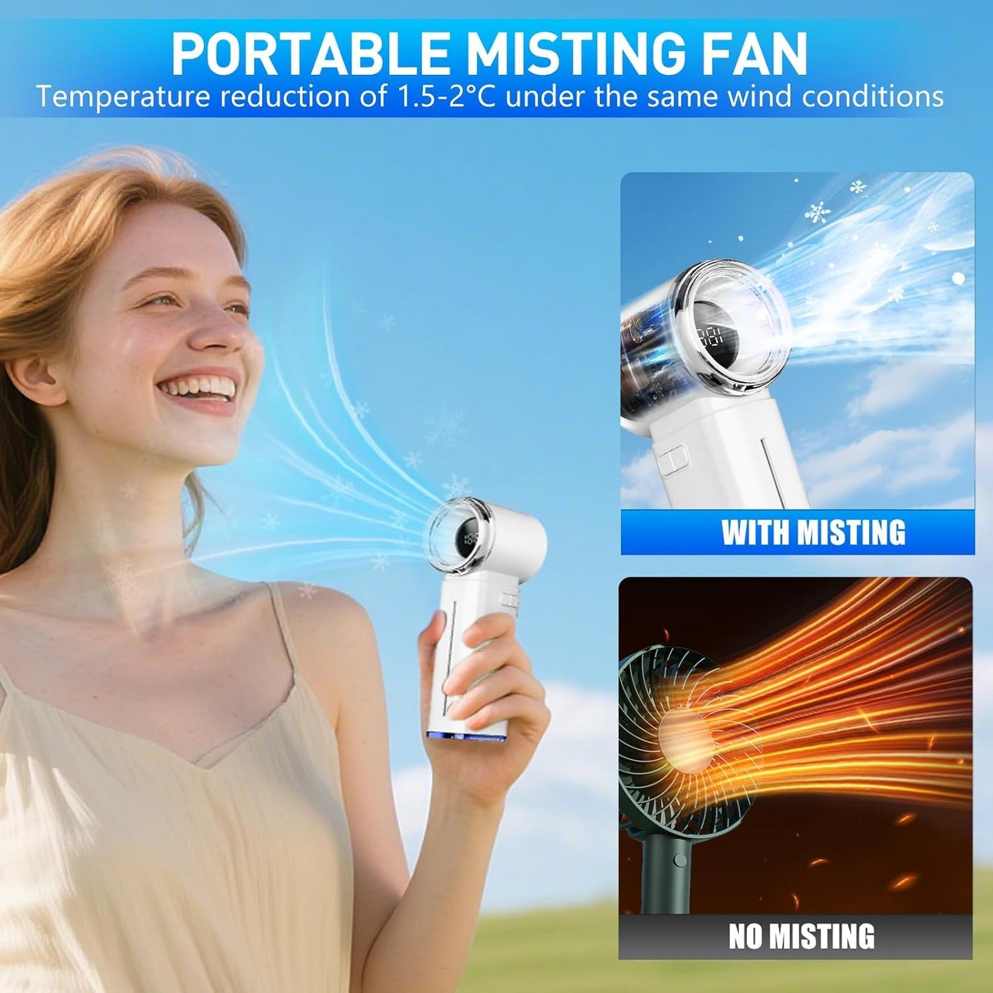Portable Misting Fan - Handheld Mini Turbo Fan - 5000mAh Rechargeable Personal Mister Fans with Digital Display, 199 Speeds Adjustable, Gifts for Women Men Travel/Outdoor/Home/Office (White)