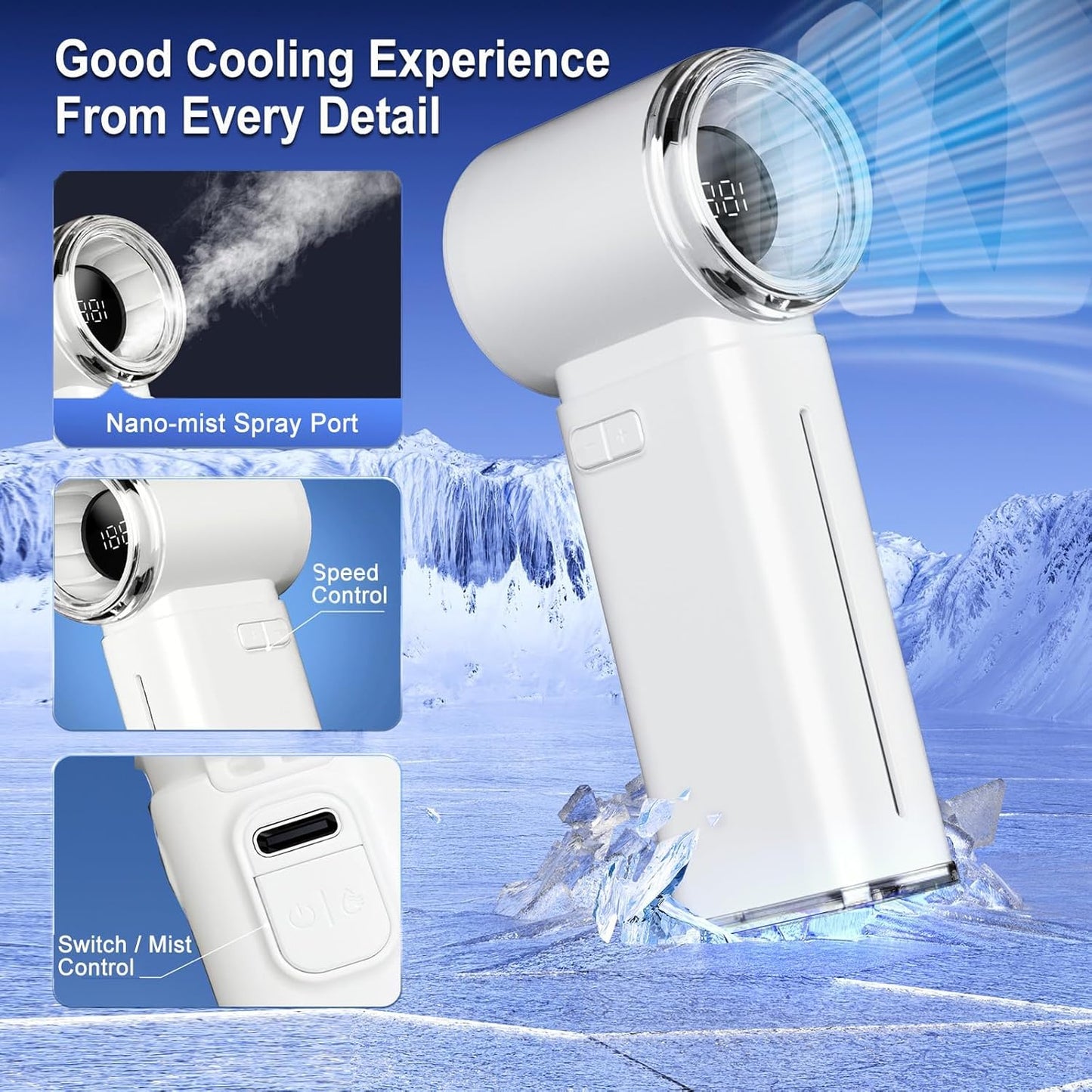 Portable Misting Fan - Handheld Mini Turbo Fan - 5000mAh Rechargeable Personal Mister Fans with Digital Display, 199 Speeds Adjustable, Gifts for Women Men Travel/Outdoor/Home/Office (White)