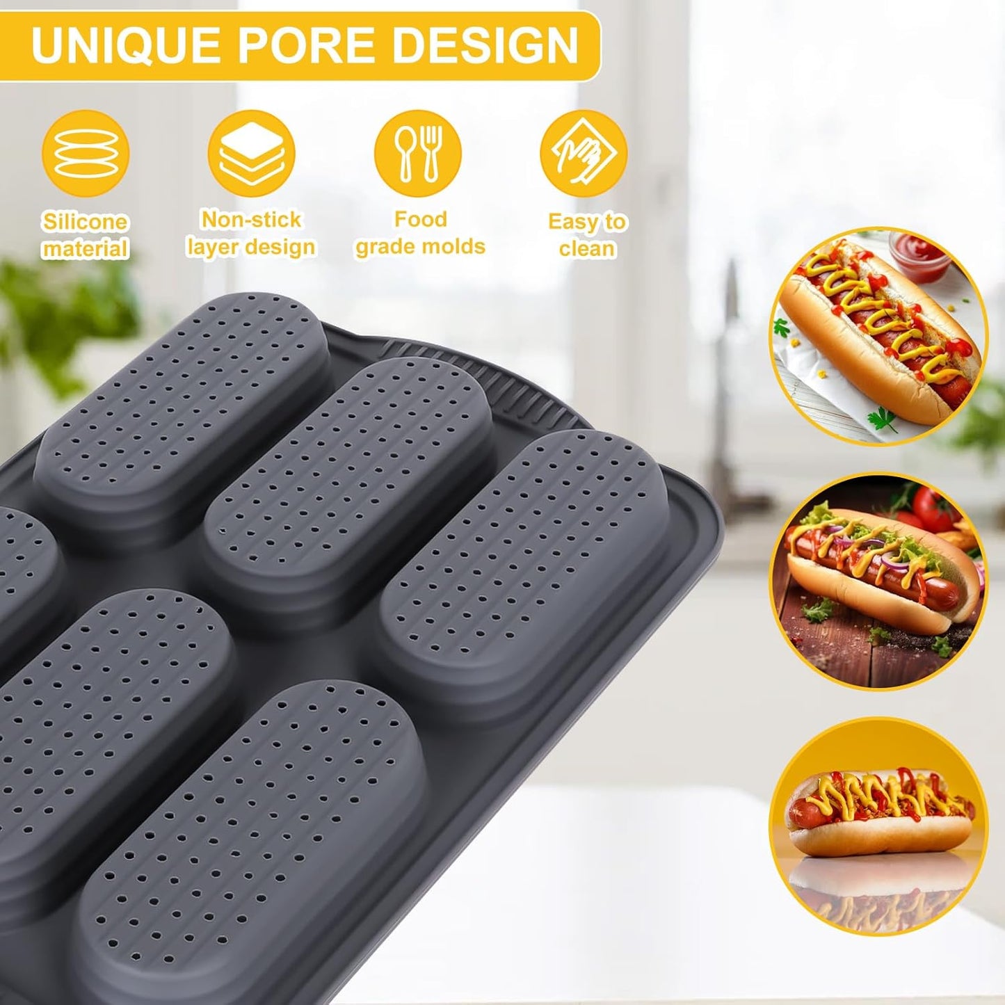 Hot Dog Bun Pan, Baguette Sandwich Baking Tray, with Oil Brush, Non-Stick Mold for French Bread, Sandwiches, Microwave, Oven Safe (A)
