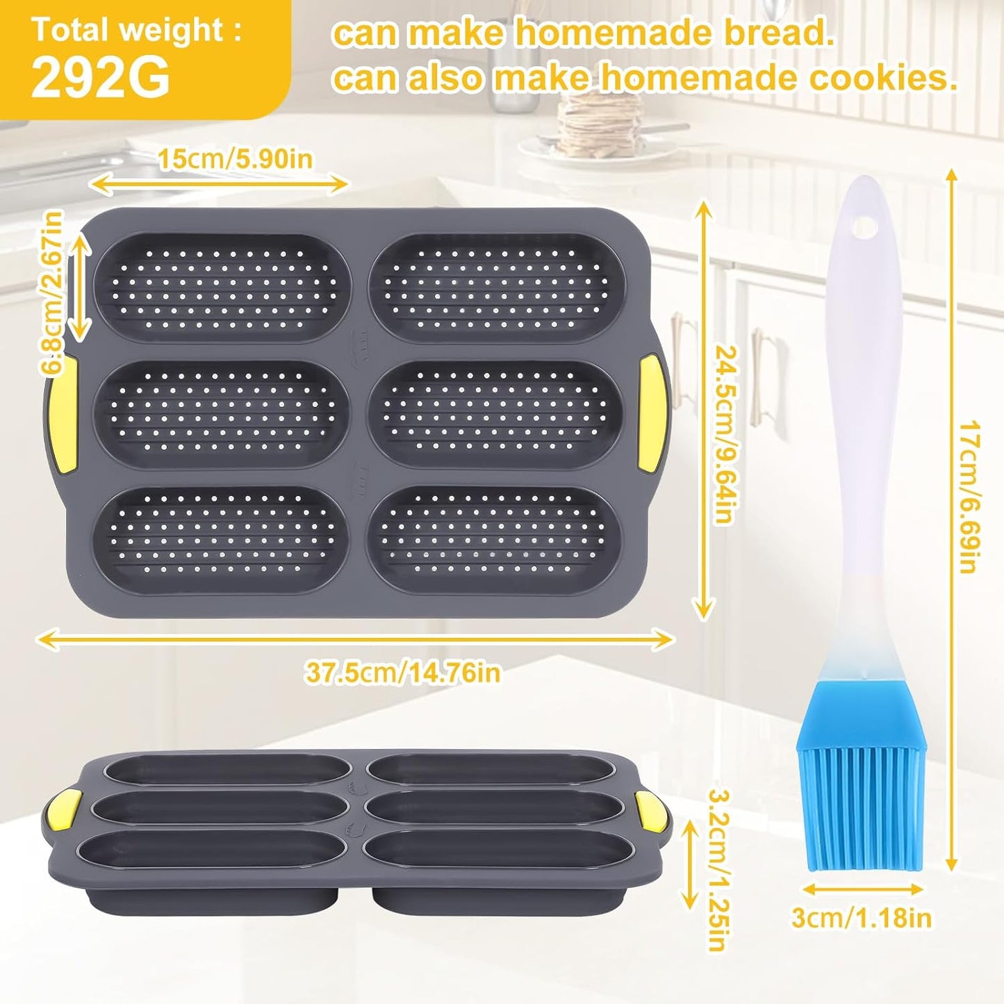Hot Dog Bun Pan, Baguette Sandwich Baking Tray, with Oil Brush, Non-Stick Mold for French Bread, Sandwiches, Microwave, Oven Safe (A)