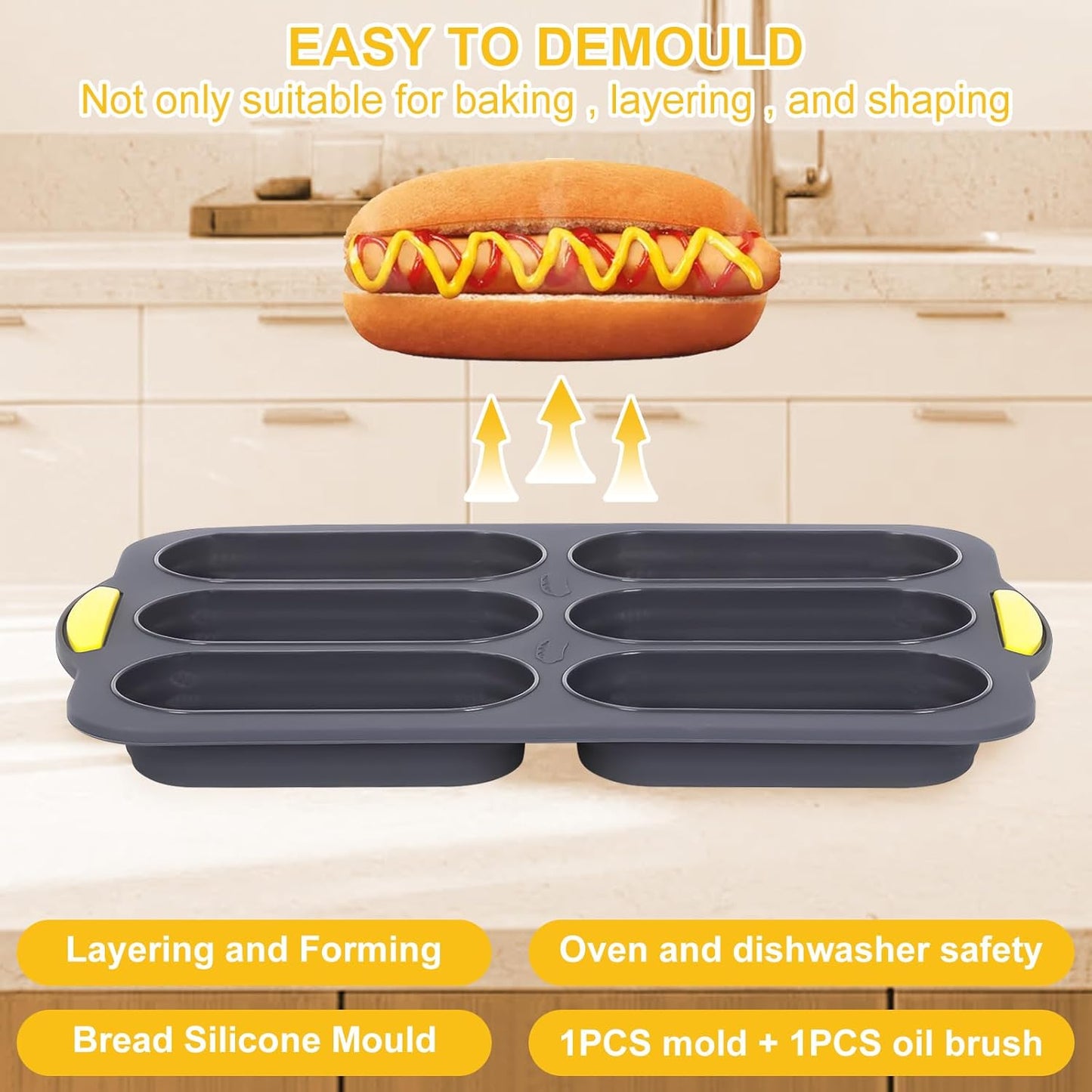 Silicone Baguette Pan, Hot Dog Bun Pan with Oil Brush, 6 Gutter Nonstick French Bread Bake Mold, French Bread Loaf Pan for Hot Dog Bun Rolls Cake, Heat Resistant, Dishwasher Safe (Gray)