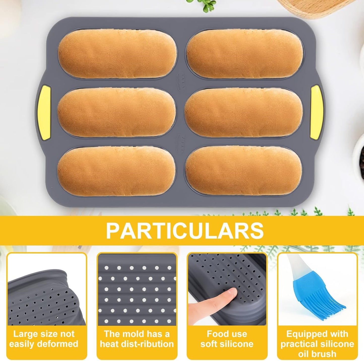 Silicone Baguette Pan, Hot Dog Bun Pan with Oil Brush, 6 Gutter Nonstick French Bread Bake Mold, French Bread Loaf Pan for Hot Dog Bun Rolls Cake, Heat Resistant, Dishwasher Safe (Gray)