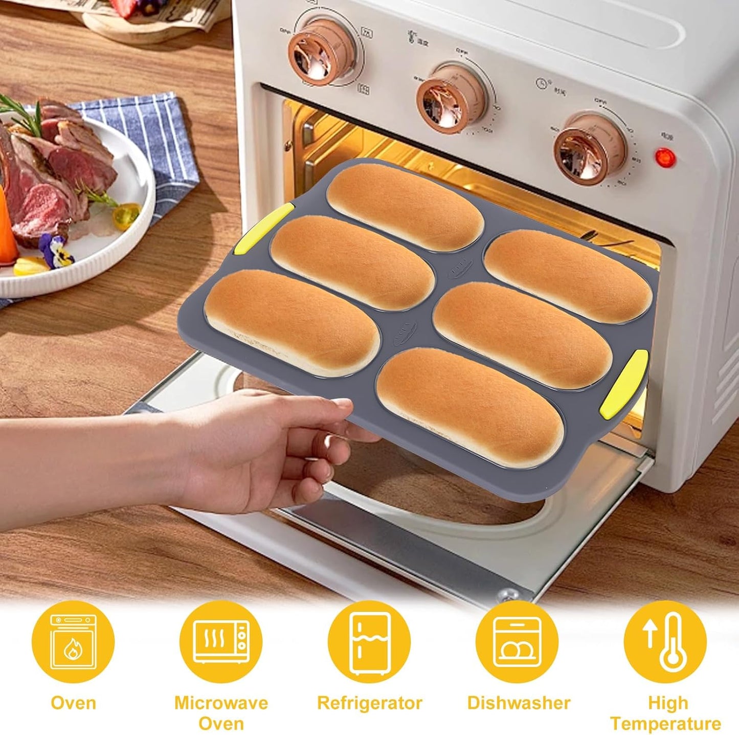 Silicone Baguette Pan, Hot Dog Bun Pan with Oil Brush, 6 Gutter Nonstick French Bread Bake Mold, French Bread Loaf Pan for Hot Dog Bun Rolls Cake, Heat Resistant, Dishwasher Safe (Gray)