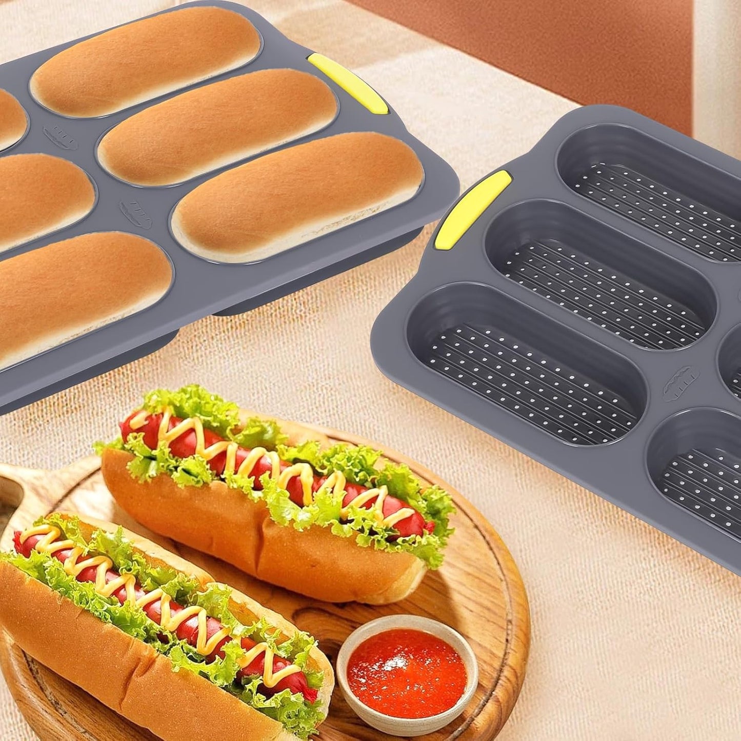 Silicone Baguette Pan, Hot Dog Bun Pan with Oil Brush, 6 Gutter Nonstick French Bread Bake Mold, French Bread Loaf Pan for Hot Dog Bun Rolls Cake, Heat Resistant, Dishwasher Safe (Gray)