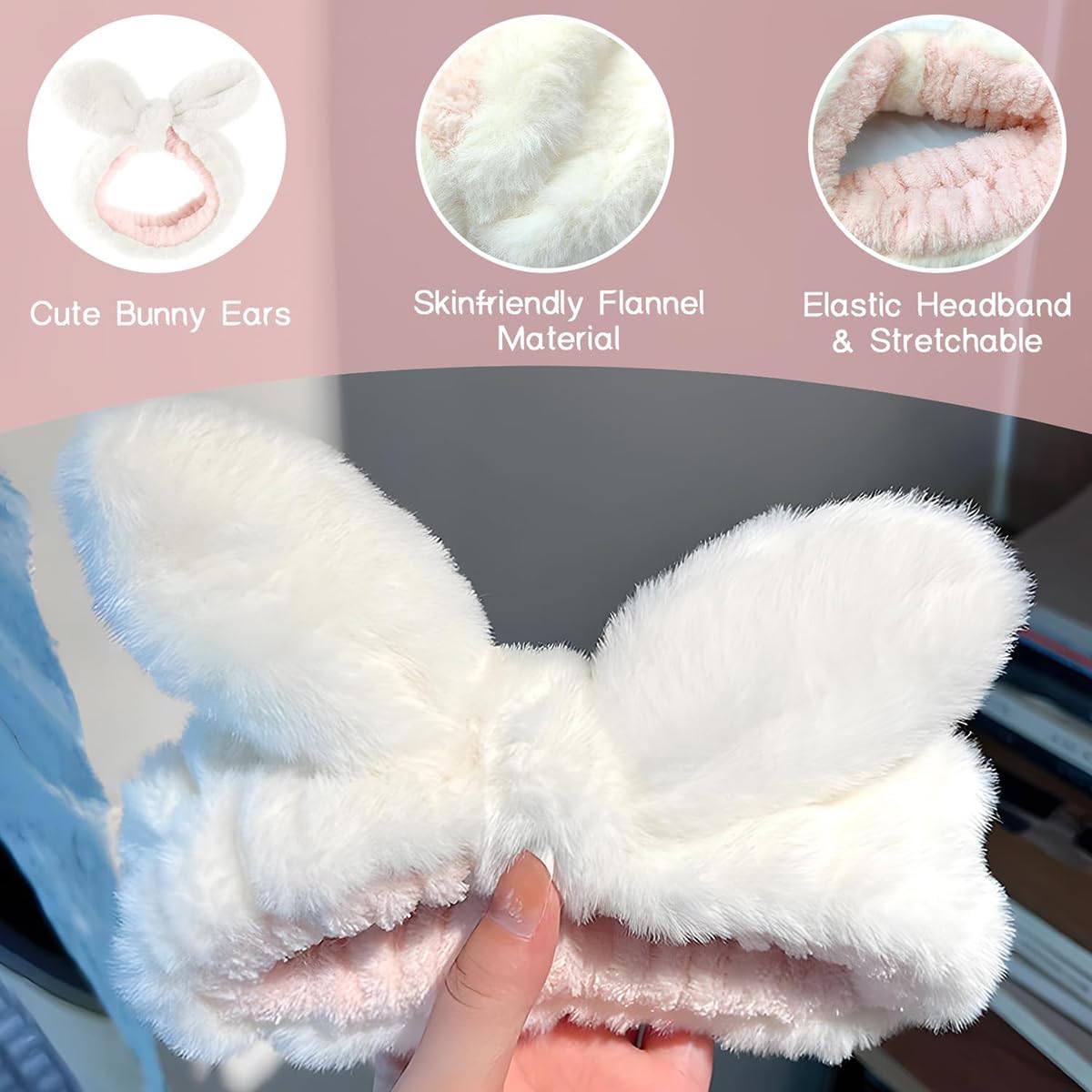 Skin Care Headband, Facial Wash Band, Bunny Ear, Bath Shower, Girls Rubber Makeup (B, M)