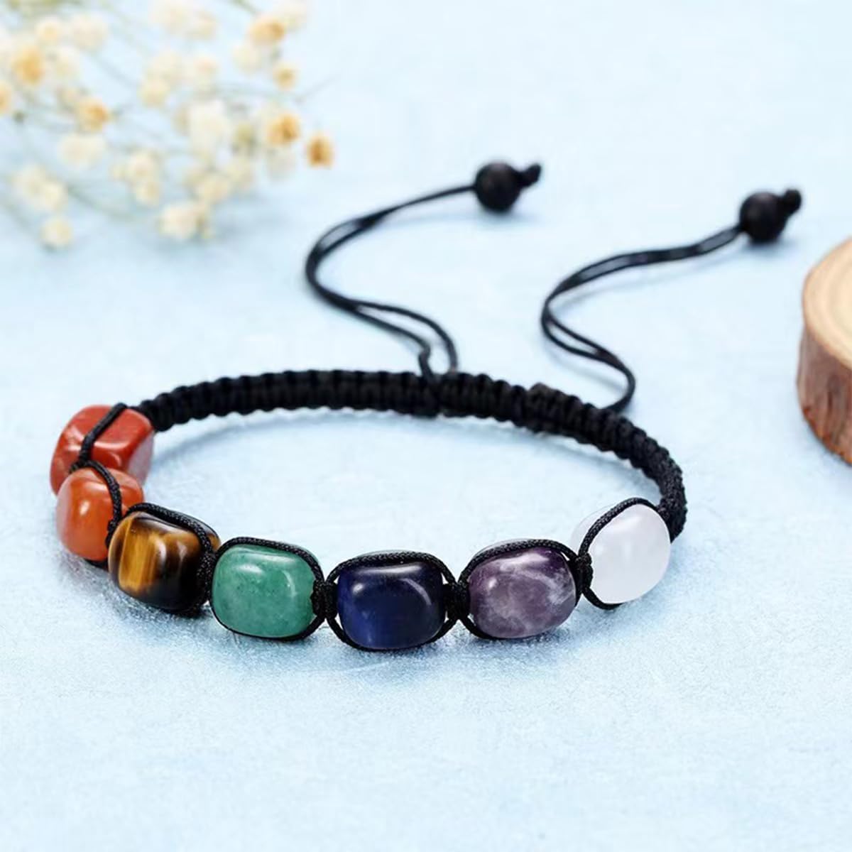 7 Chakra Bracelet, Beaded Braided Bracelet, Natural Gemstone 7 Chakra Healing Crystal Bracelet Anxiety Braided Bracelet Yoga Reiki Chakras Stone Beads Healing Crystal Women Adjustable Jewellery, One