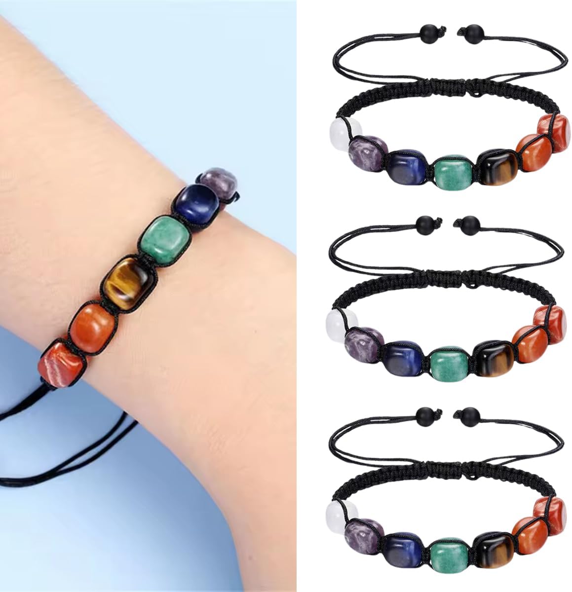 7 Chakra Bracelet, Beaded Braided Bracelet, Natural Gemstone 7 Chakra Healing Crystal Bracelet Anxiety Braided Bracelet Yoga Reiki Chakras Stone Beads Healing Crystal Women Adjustable Jewellery, One