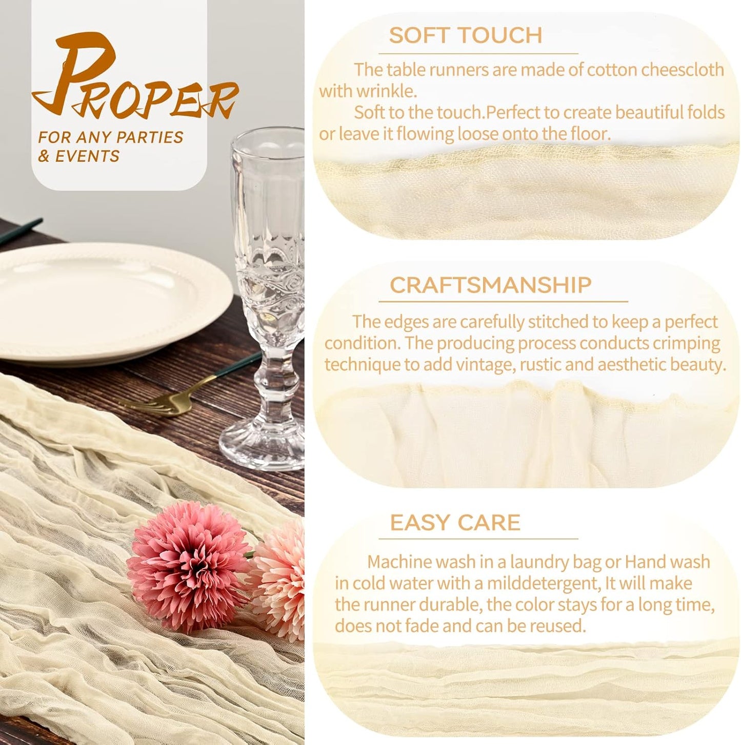 5 Packs 10Ft Ivory Cheesecloth Table Runner, 35" x 120" Rustic Gauze Boho Wedding Table Runner Decorations