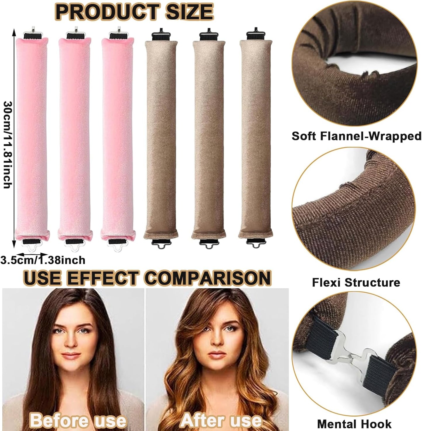 Heatless Hair Curler Set, 3 Pcs Hair Curlers No Heat, Heatless Overnight Blowout Rods with Hook for Hair Styling Tools Women Long Hair Rollers(Kahki)