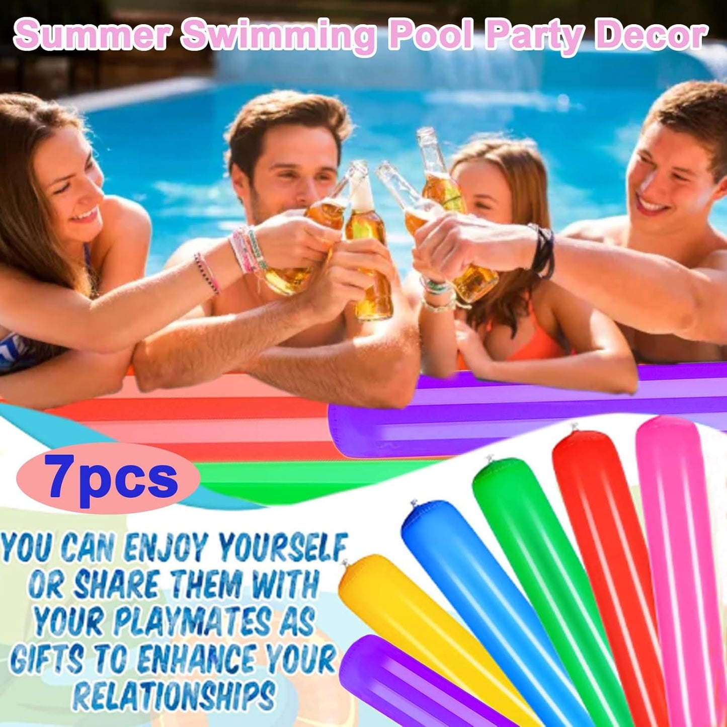 7 Packs Swimming Pool Floats Inflatable Sticks, 105cm Giant Pool Noodles Swimming Noodles, Thickened PVC Water Fun Games Float for Indoor/Outdoor Summer Pool Party