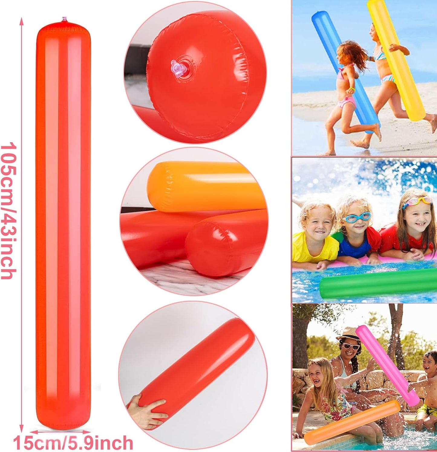 7 Packs Swimming Pool Floats Inflatable Sticks, 105cm Giant Pool Noodles Swimming Noodles, Thickened PVC Water Fun Games Float for Indoor/Outdoor Summer Pool Party