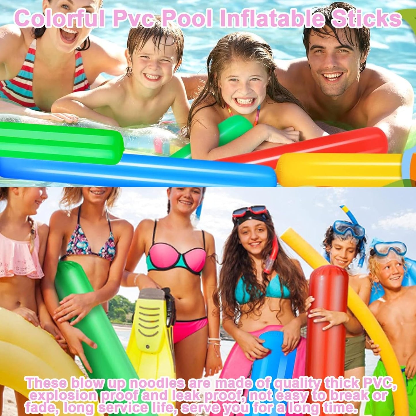 7 Packs Swimming Pool Floats Inflatable Sticks, 105cm Giant Pool Noodles Swimming Noodles, Thickened PVC Water Fun Games Float for Indoor/Outdoor Summer Pool Party