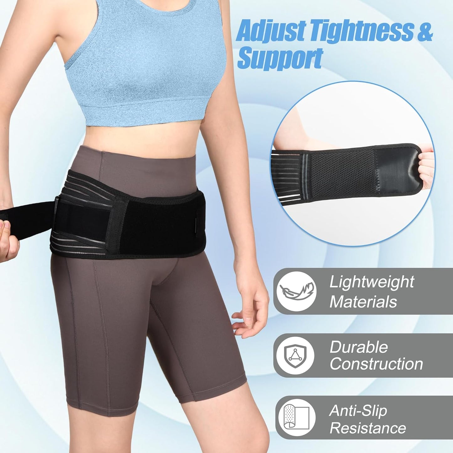 Sacroiliac SI Joint Hip Belt for Sciatica, Lower Back, Leg & Pelvic Pain Relief - Adjustable Sacroiliac Belt Support Brace for Women and Men (Black)