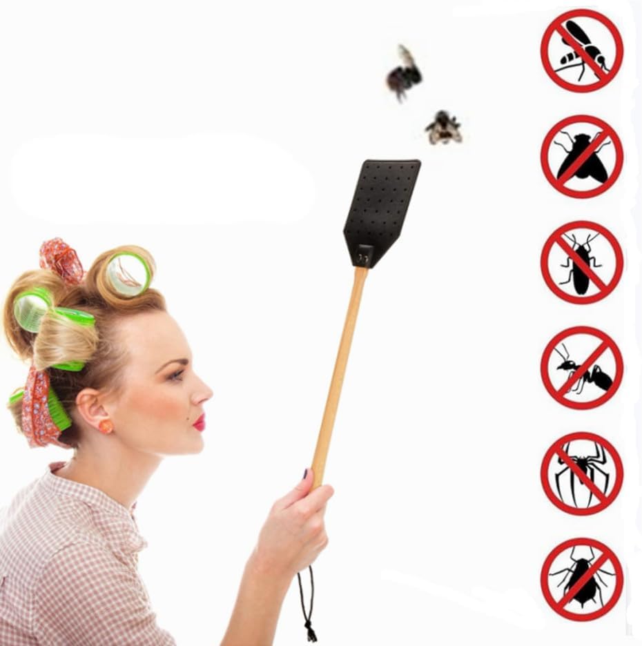 2Pcs Fly Swatter, Heavy Duty Fly Swatter with Long Wood Handle and Hanging Rope Durable for Indoor Outdoor Home Fly(Black)