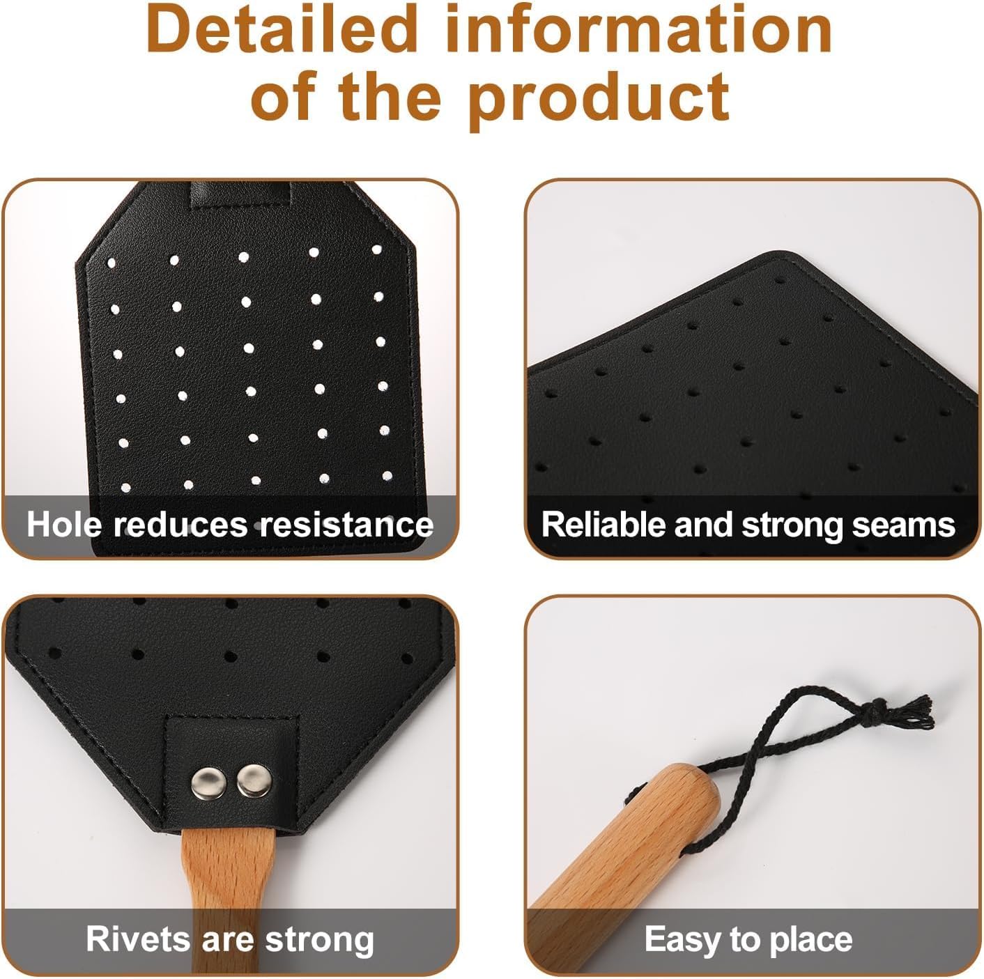 2Pcs Fly Swatter, Heavy Duty Fly Swatter with Long Wood Handle and Hanging Rope Durable for Indoor Outdoor Home Fly(Black)