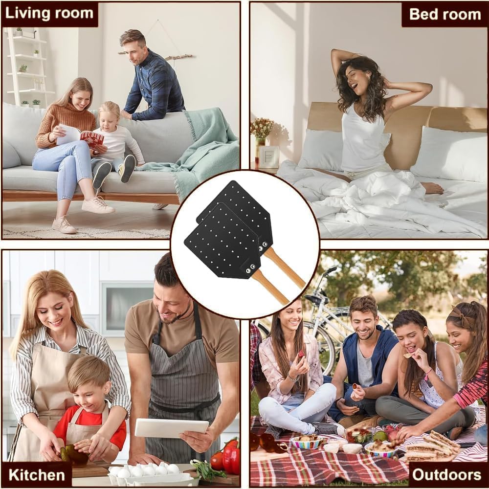 2Pcs Fly Swatter, Heavy Duty Fly Swatter with Long Wood Handle and Hanging Rope Durable for Indoor Outdoor Home Fly(Black)