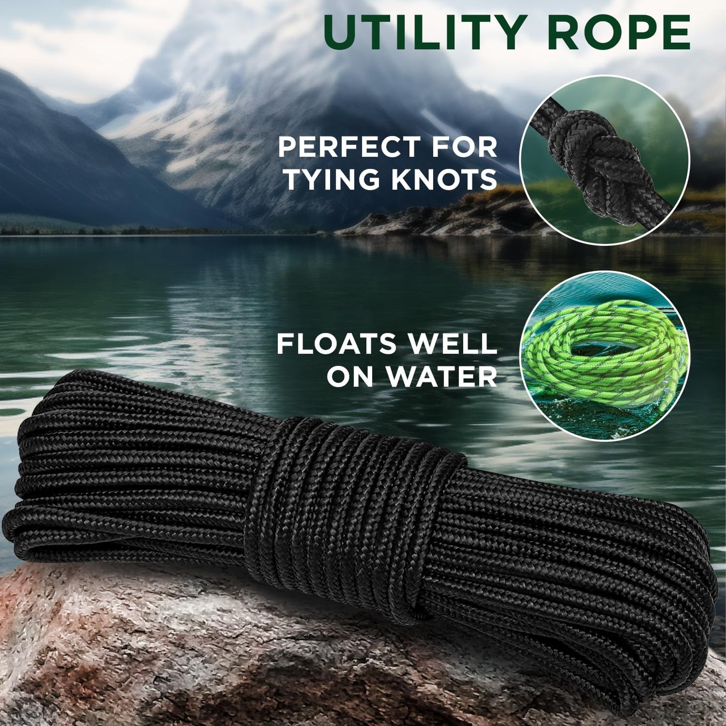 Rope – 1/4” & 3/8” – 90 FT | 150 FT – Strong All-Purpose Utility Rope – Camping, Crafting, Flag Pole, Indoor & Outdoor – Polypropylene Nylon Poly Lightweight Diamond Braided Cord – Black