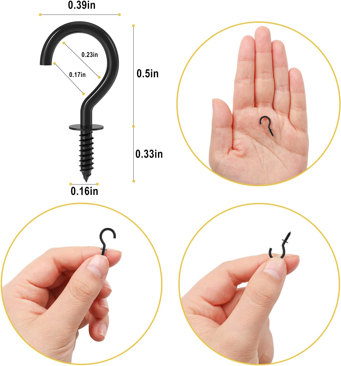 1/2 Inch Small Screw Hooks,  100 Pcs Black Mini Screw in Jewelry Hooks Tiny Metal Screw Wood Ceiling Wall Hooks for Jewelries Crafts Keys Caps Plants String Lights Wreaths