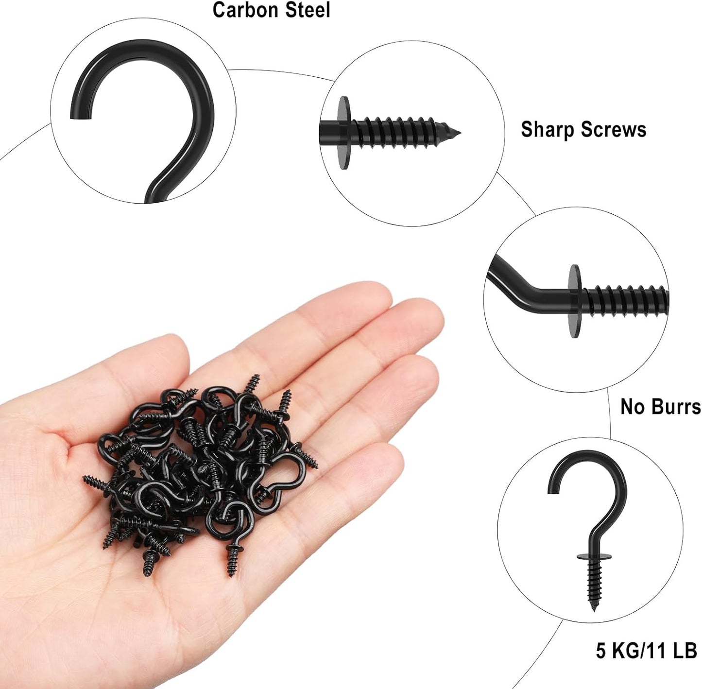 1/2 Inch Small Screw Hooks,  100 Pcs Black Mini Screw in Jewelry Hooks Tiny Metal Screw Wood Ceiling Wall Hooks for Jewelries Crafts Keys Caps Plants String Lights Wreaths
