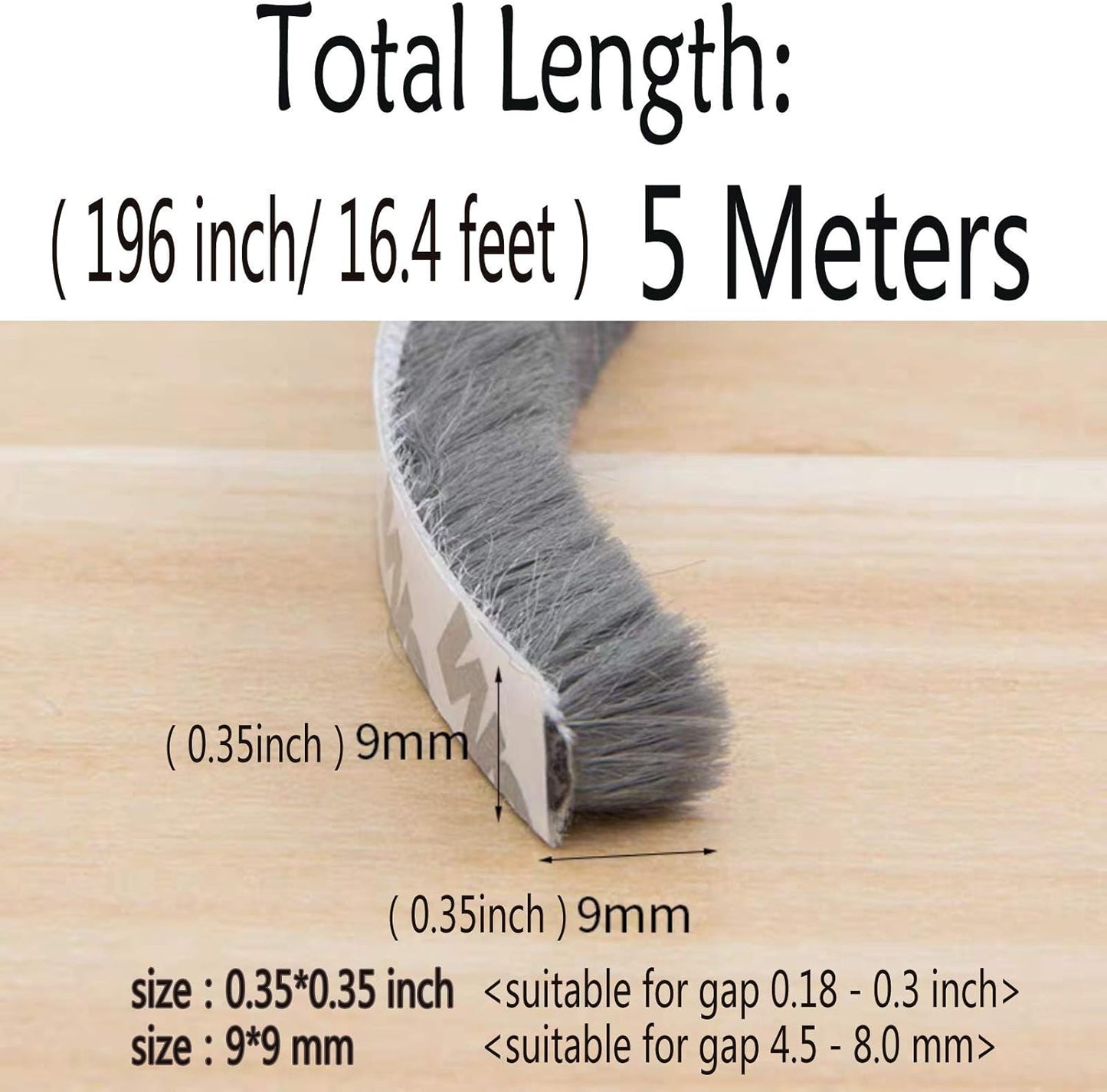 Self Adhesive Pile Weather Stripping Brush for Sliding Windows/Doors, Brush Window Seal Strip, Fuzzy Draft Stopper Weatherstrip Sealing Tape (5m/16.4ft, Grey)
