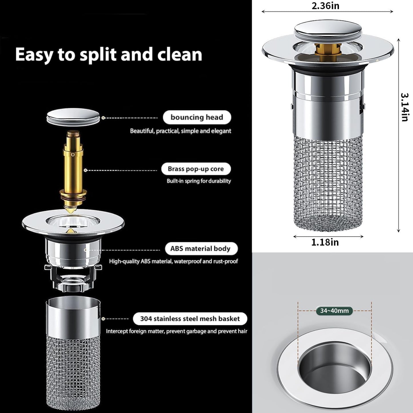2Pcs Stainless Steel Floor Drain Filter,Bathroom Sink Stopper Hair Catcher with Removable Stainless Steel Filter Basket Hair Catcher,Isolate Odor Pop Up Sink Drain (1pcs)