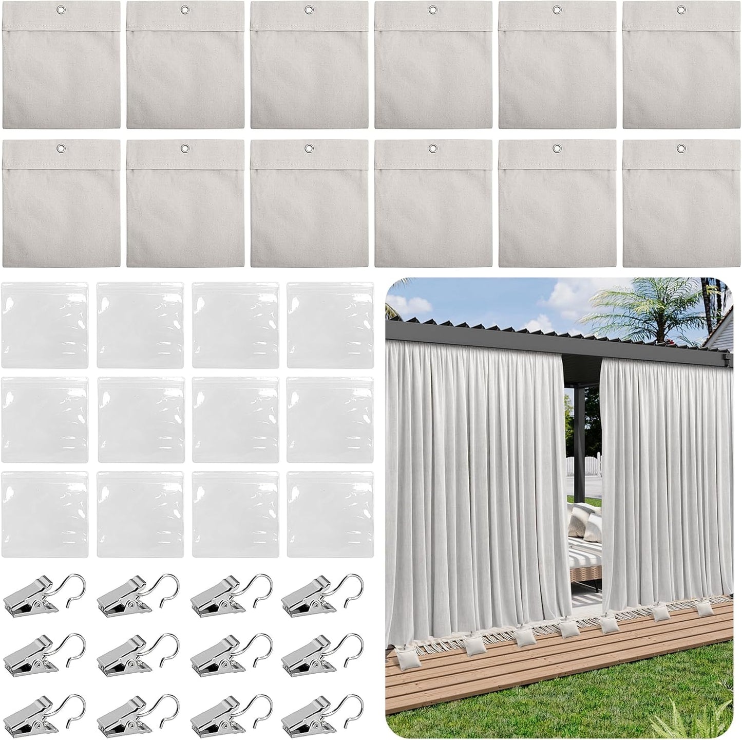 12 Pack Outdoor Curtain Weights Bag, Patio Curtain Sandbag with Sealed Bags and Clips, Reusable Drapery Weighted Bags for Home Outdoor Pergola Gazebo Front Porch (Grey)