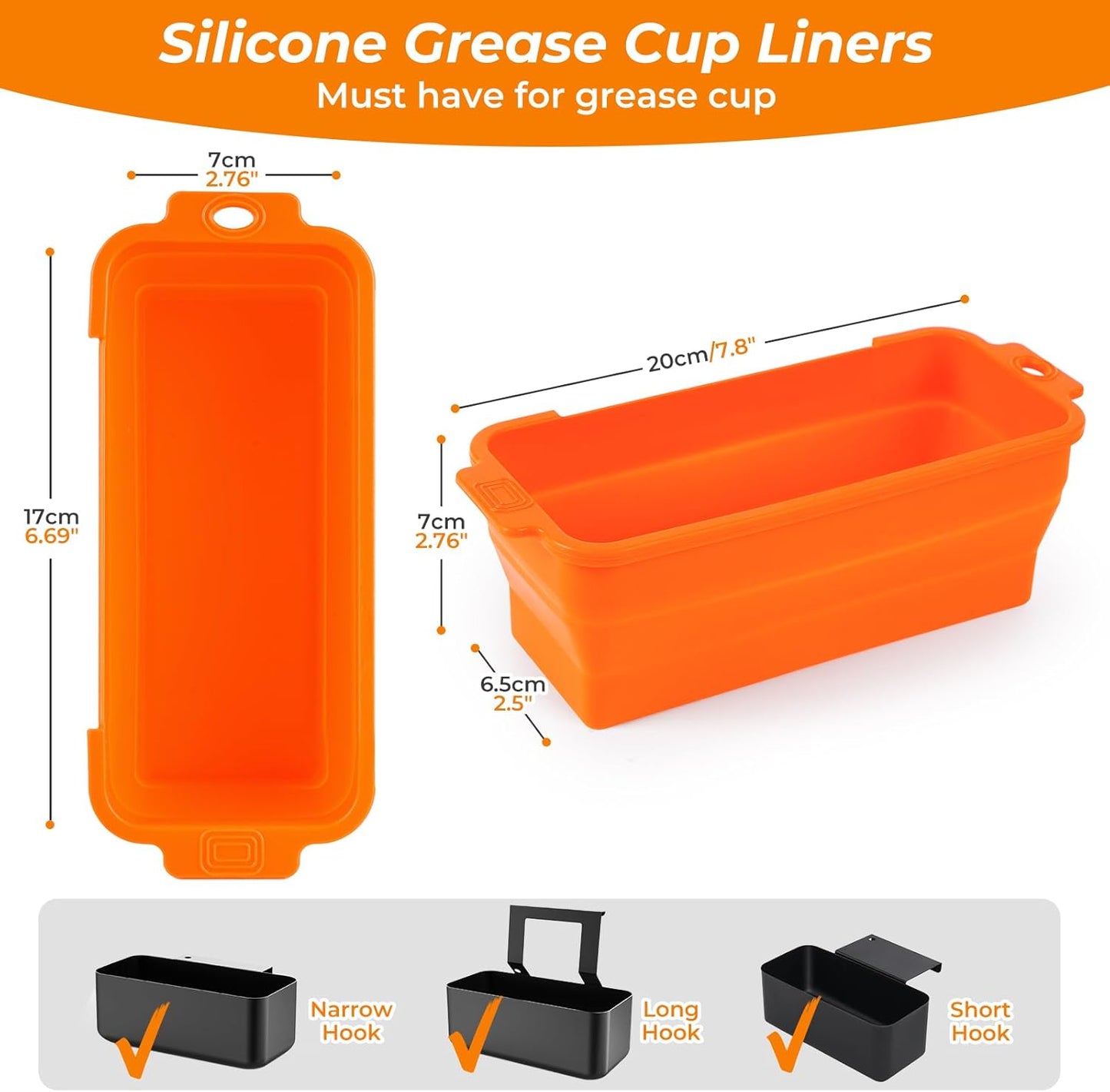 Silicone Grease Cup Liners 2-Pack: Blackstone Griddle Accessories - Reusable Foldable Drip Pan Liners for 17"/28"/36" Blackstone Griddle BBQ Grease Catcher Cup Protection（Orange