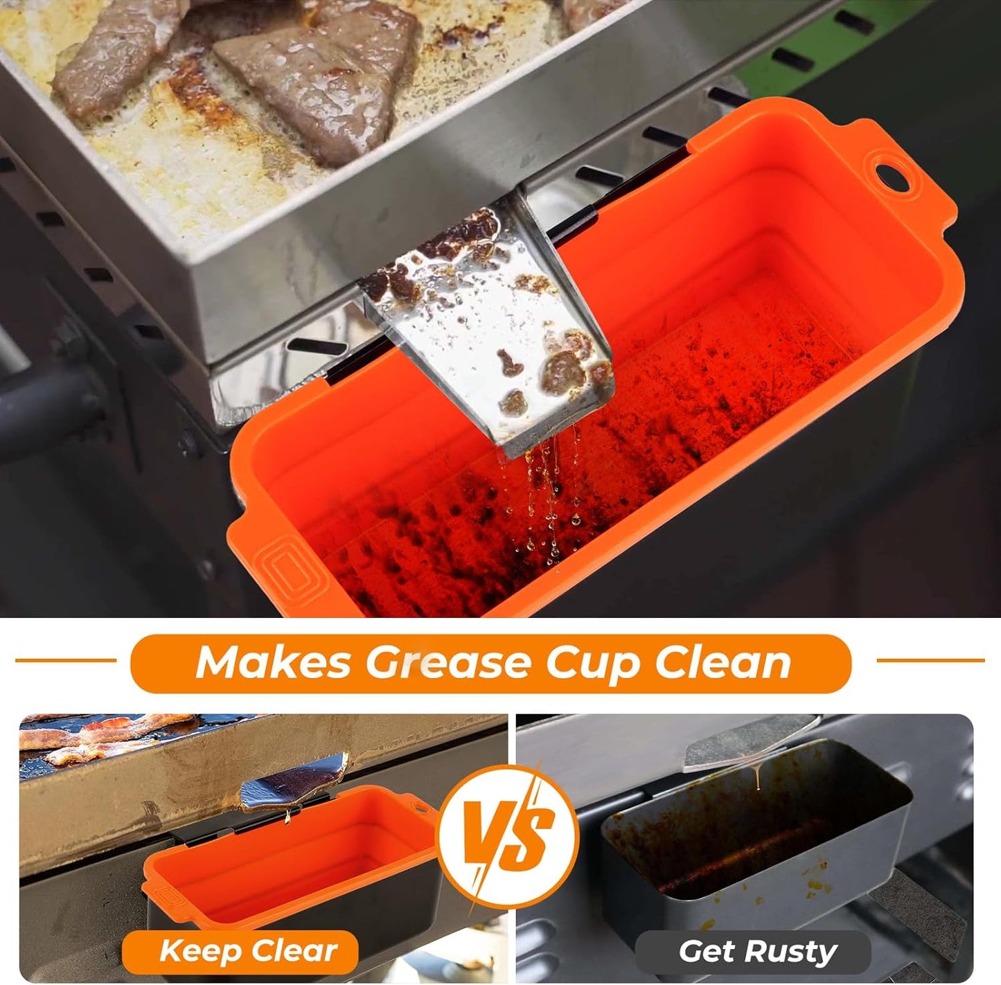 Silicone Grease Cup Liners 2-Pack: Blackstone Griddle Accessories - Reusable Foldable Drip Pan Liners for 17"/28"/36" Blackstone Griddle BBQ Grease Catcher Cup Protection（Orange