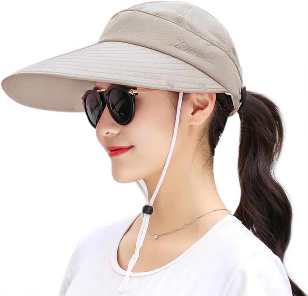 Women Sun Wide Brim UV Protection Fishing Hats Foldable Ponytail Summer Hat with Detachable Flap