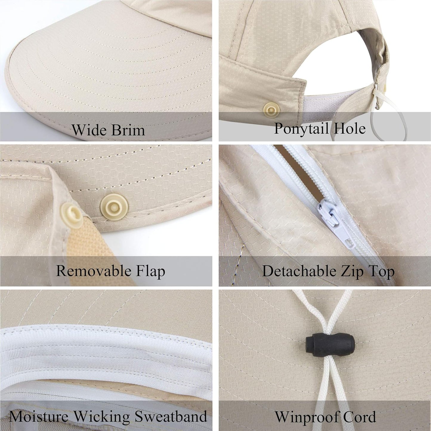 Women Sun Wide Brim UV Protection Fishing Hats Foldable Ponytail Summer Hat with Detachable Flap