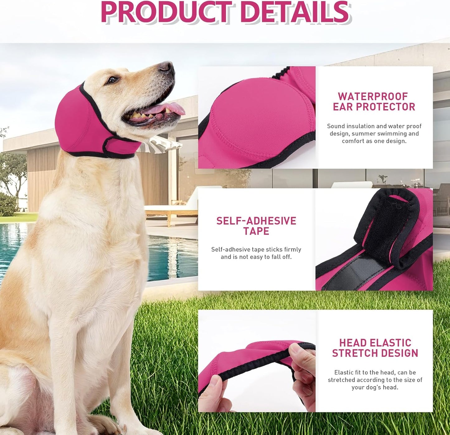 Waterproof Dog Ear Covers for Grooming, Bathing,Swimming, Pet Calming Hoodie Dog Ear Muffs Noise Protection for Blow Drying Sleep Help Headband (Pink，M)