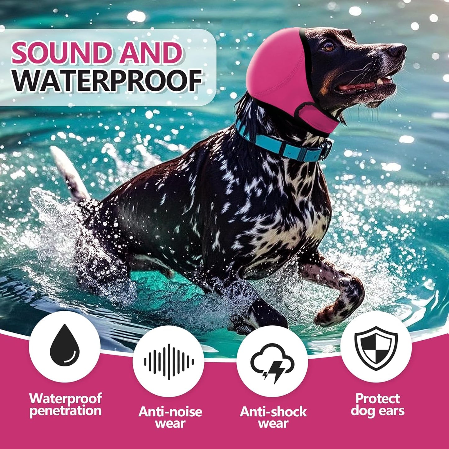 Waterproof Dog Ear Covers for Grooming, Bathing,Swimming, Pet Calming Hoodie Dog Ear Muffs Noise Protection for Blow Drying Sleep Help Headband (Pink，M)