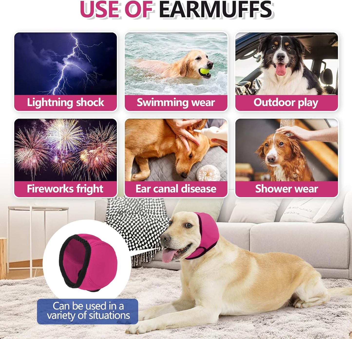 Waterproof Dog Ear Covers for Grooming, Bathing,Swimming, Pet Calming Hoodie Dog Ear Muffs Noise Protection for Blow Drying Sleep Help Headband (Pink，M)