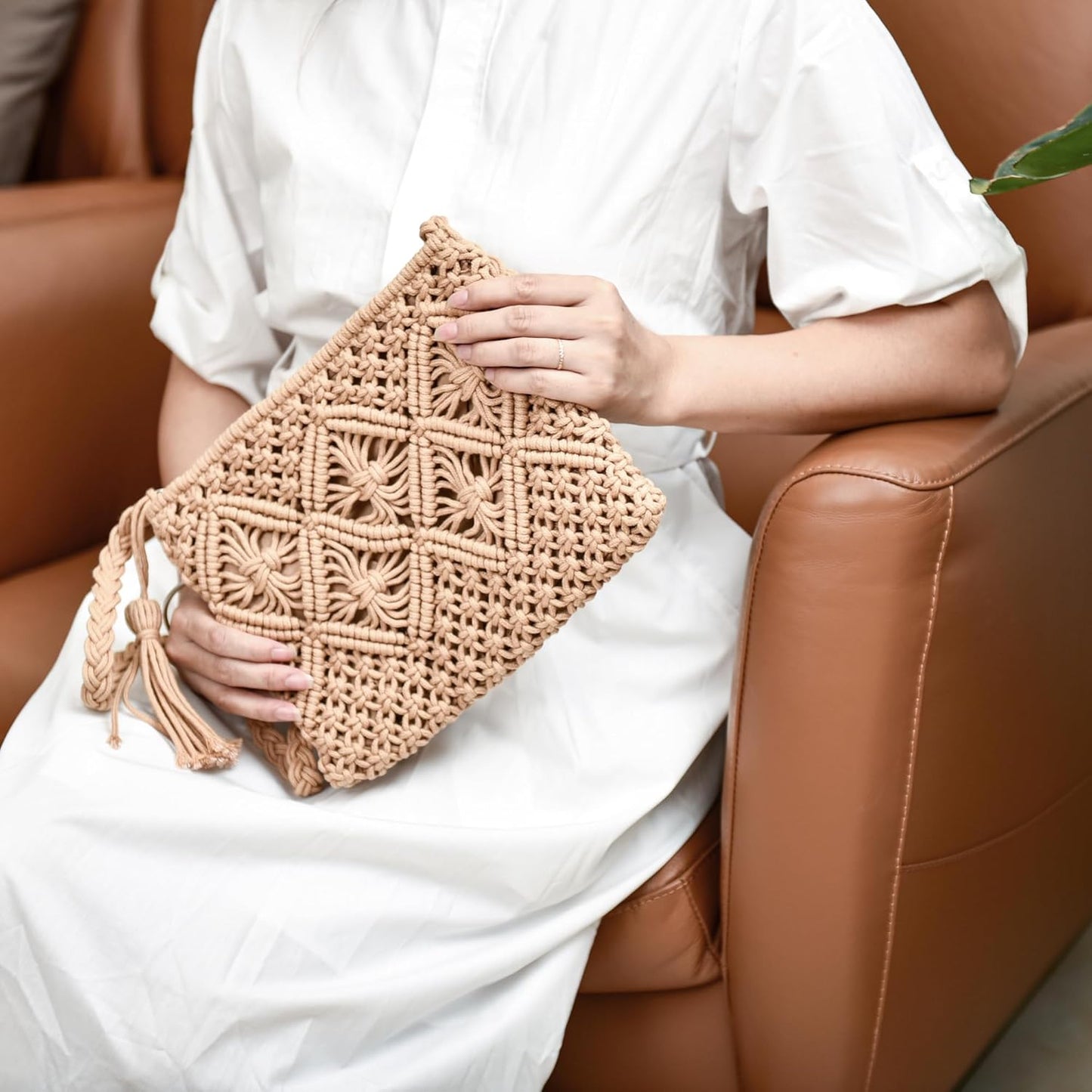 Boho Crossbody Handbag Summer Beach Shoulder Handbag Boho Envelope Clutch Crochet Handmade Purse Tassel