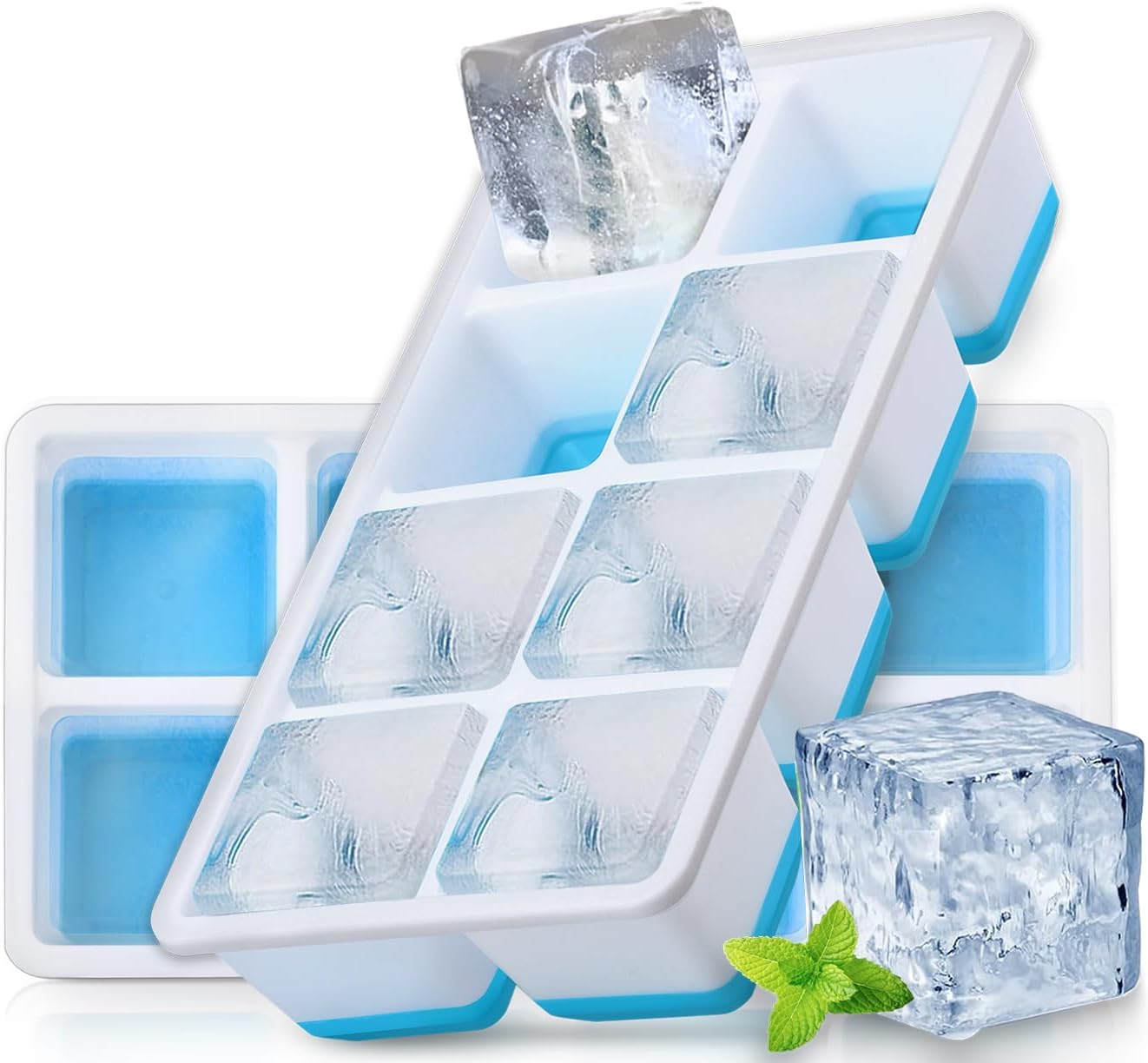 Large Ice Cube Mold with Lid,  2 Pack Silicone Big Square Ice Cube Trays with Lids BPA Free, Easy-Release & Stackable Big Ice Cube Tray for Freezer Cocktail Whiskey Coffee