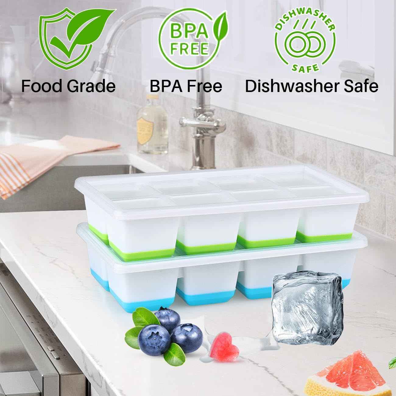 Large Ice Cube Mold with Lid,  2 Pack Silicone Big Square Ice Cube Trays with Lids BPA Free, Easy-Release & Stackable Big Ice Cube Tray for Freezer Cocktail Whiskey Coffee