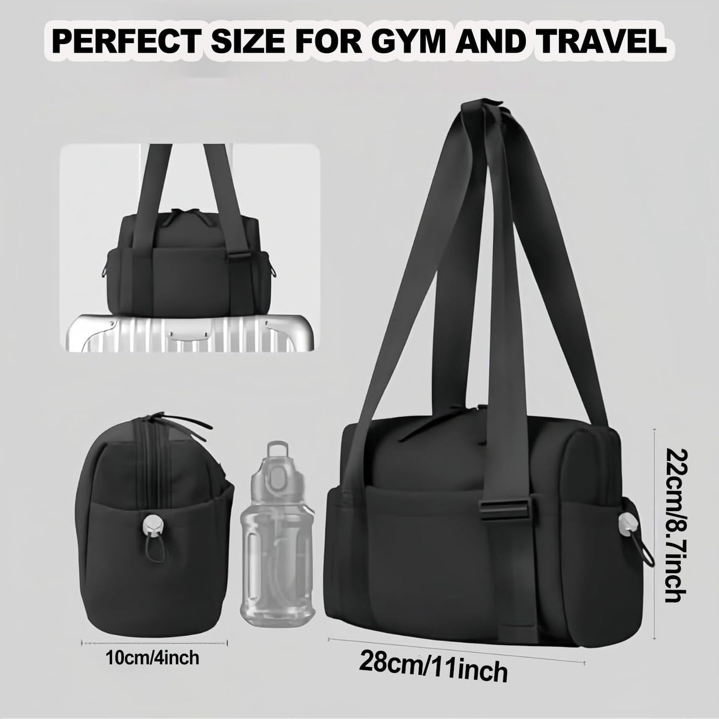 Mini Gym Bag for Women, Small Duffle Bag with Wet Compartment, Lightweight Waterproof Cute Tote for Girls Workout Sport Travel (Black)