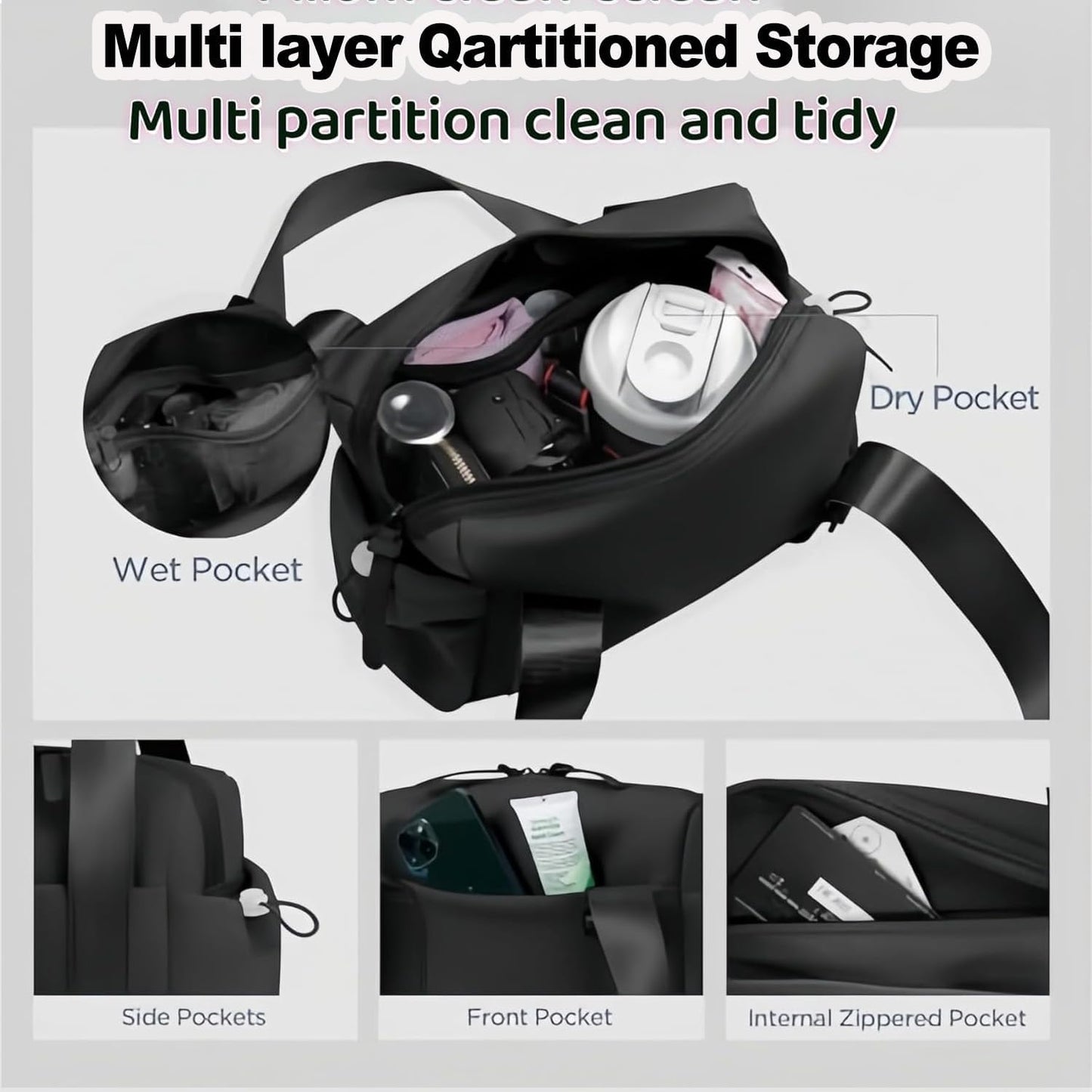 Mini Gym Bag for Women, Small Duffle Bag with Wet Compartment, Lightweight Waterproof Cute Tote for Girls Workout Sport Travel (Black)