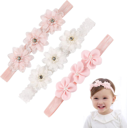 3Pcs Baby Girl Headbands Flowers, Lace Flower Pearls Baby Headband, Baby Girl Headbands, Super Soft & Stretchy Nylon Floral Hairbands, Flower Hair Accessories Baby Girl Gift, for Newborn Toddler