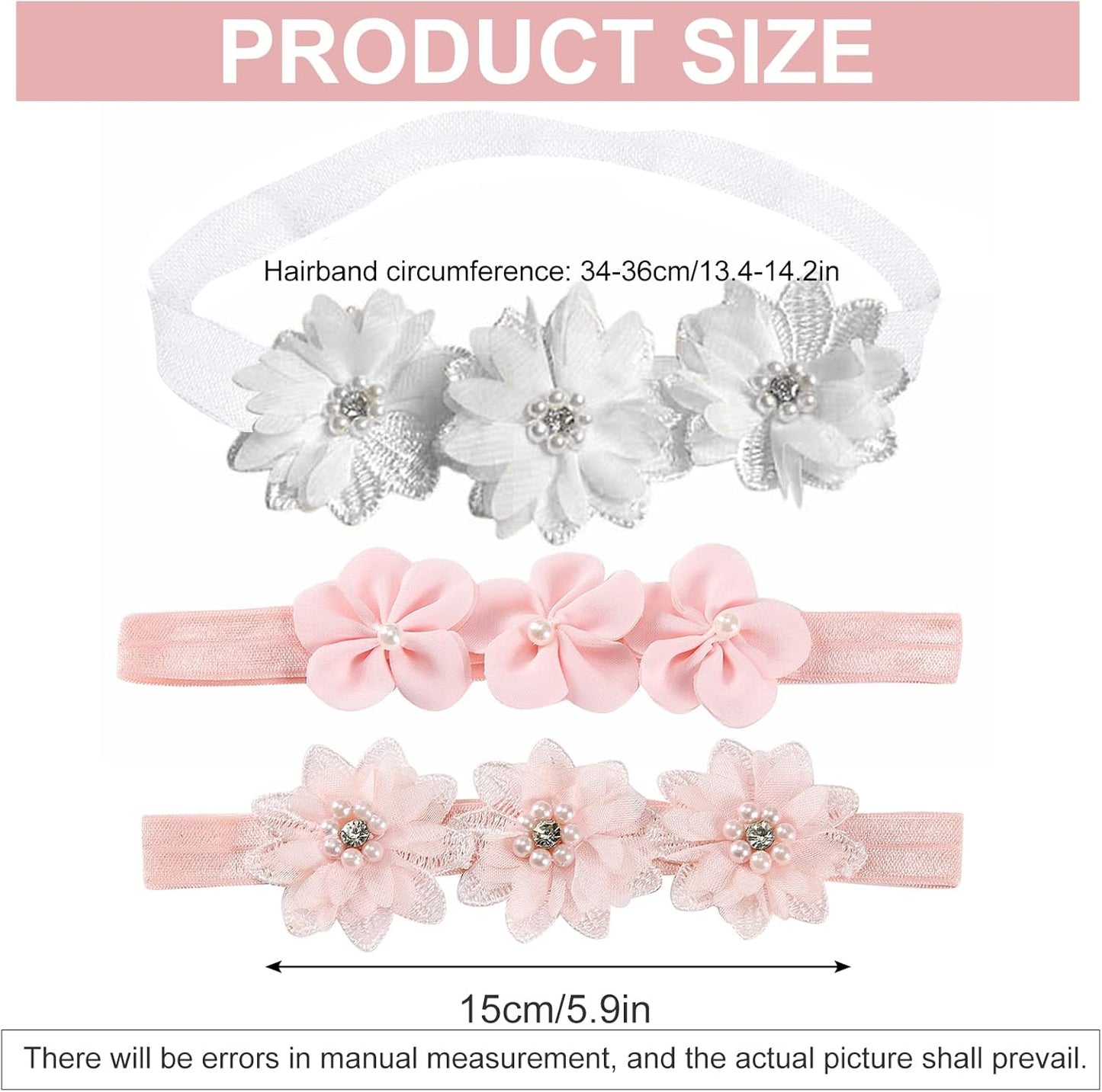 3Pcs Baby Girl Headbands Flowers, Lace Flower Pearls Baby Headband, Baby Girl Headbands, Super Soft & Stretchy Nylon Floral Hairbands, Flower Hair Accessories Baby Girl Gift, for Newborn Toddler