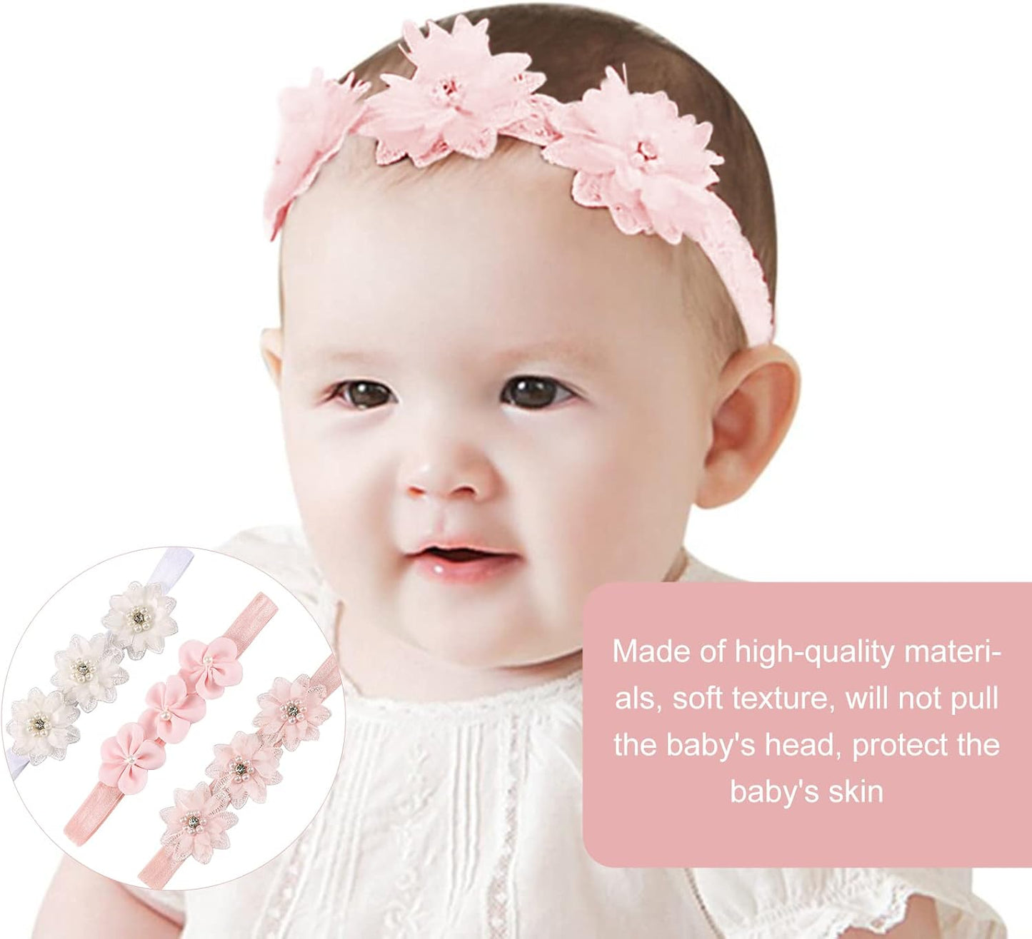 3Pcs Baby Girl Headbands Flowers, Lace Flower Pearls Baby Headband, Baby Girl Headbands, Super Soft & Stretchy Nylon Floral Hairbands, Flower Hair Accessories Baby Girl Gift, for Newborn Toddler