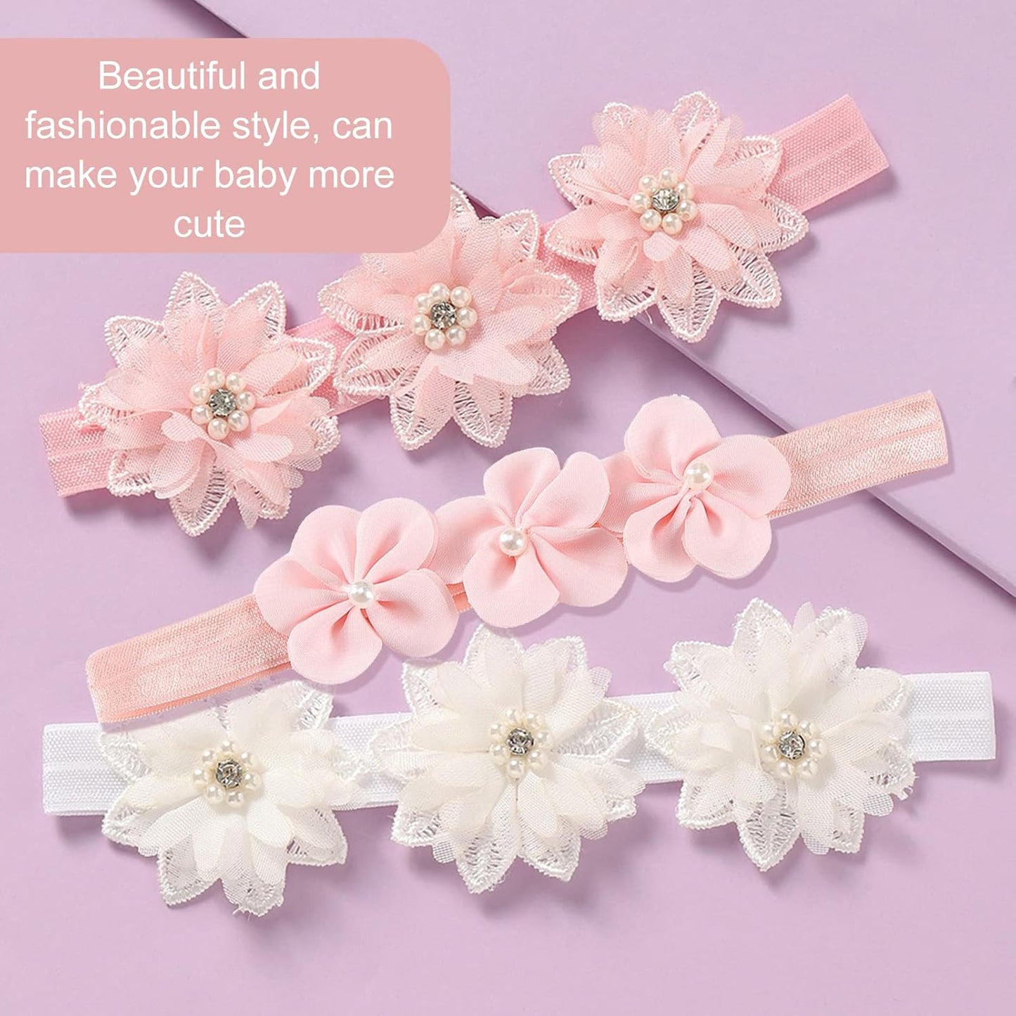 3Pcs Baby Girl Headbands Flowers, Lace Flower Pearls Baby Headband, Baby Girl Headbands, Super Soft & Stretchy Nylon Floral Hairbands, Flower Hair Accessories Baby Girl Gift, for Newborn Toddler