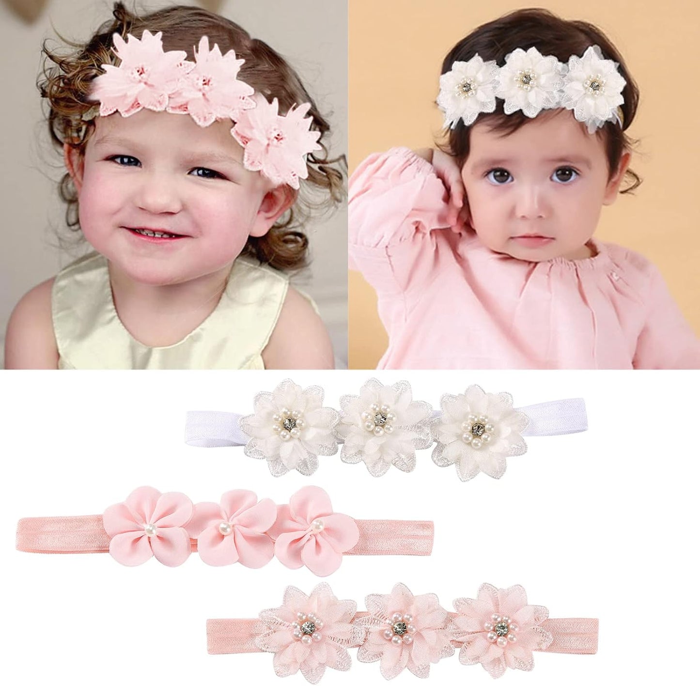 3Pcs Baby Girl Headbands Flowers, Lace Flower Pearls Baby Headband, Baby Girl Headbands, Super Soft & Stretchy Nylon Floral Hairbands, Flower Hair Accessories Baby Girl Gift, for Newborn Toddler